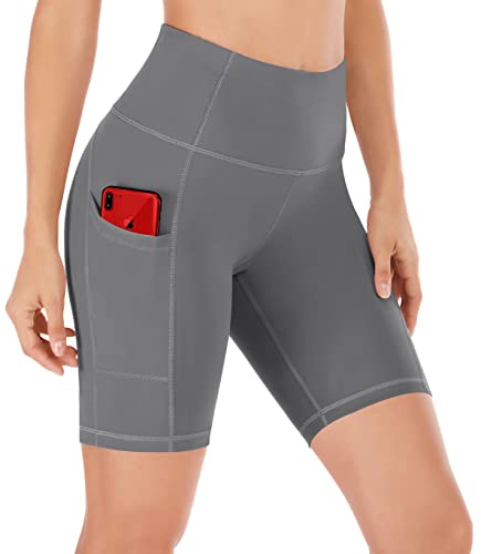 Ewedoos Biker Shorts Women Tummy Control Workout Shorts with 3 Pockets High Waisted Compression Gym Running Yoga Shorts Women Gray