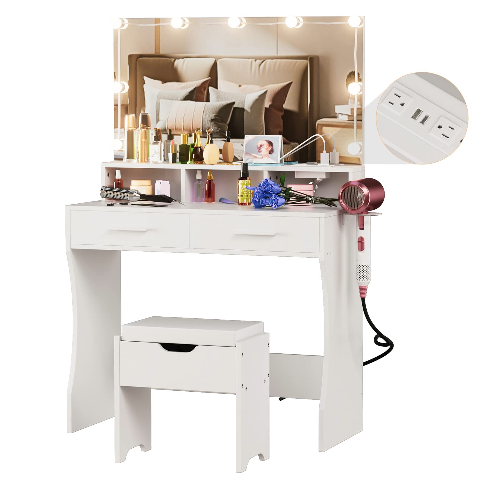 Vabches Makeup Vanity with Lighted Mirror & Outlet Charging Station, White Vanity Set Makeup Table, 3 Lighting Colors, Brightness Adjustable, 31.5in(W)