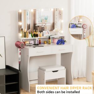 Vabches Makeup Vanity with Lighted Mirror & Outlet Charging Station, White Vanity Set Makeup Table, 3 Lighting Colors, Brightness Adjustable, 31.5in(W)