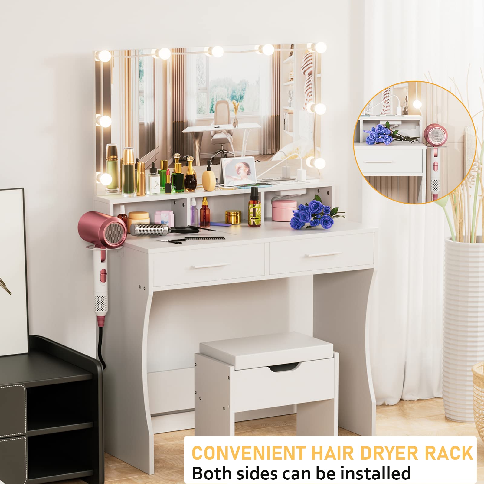 Vabches Makeup Vanity with Lighted Mirror & Outlet Charging Station, White Vanity Set Makeup Table, 3 Lighting Colors, Brightness Adjustable, 31.5in(W)