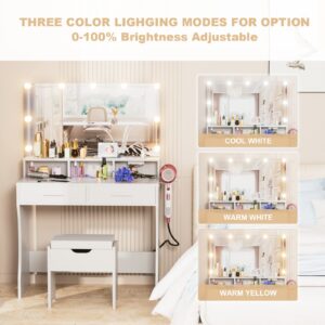 Vabches Makeup Vanity with Lighted Mirror & Outlet Charging Station, White Vanity Set Makeup Table, 3 Lighting Colors, Brightness Adjustable, 31.5in(W)