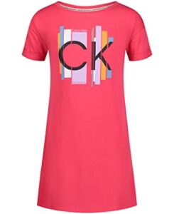 calvin klein girls' performance dress, pull-on style with crew-neck neckline, logo detailing, azalea cuffed