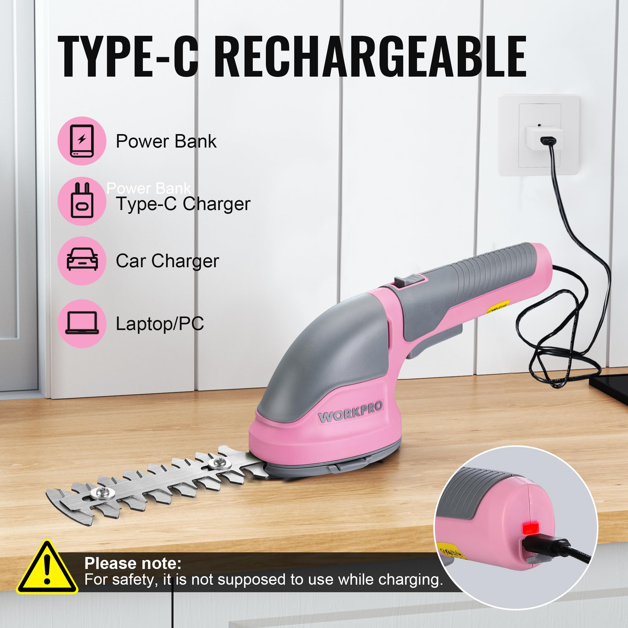 WORKPRO Cordless Grass Shear & Shrubbery Trimmer - 2 in 1 Handheld Hedge Trimmer Electric Grass Trimmer Hedge Shears/Grass Cutter Rechargeable Lithium-Ion Battery and Type-C Cable Included Pink Ribbon