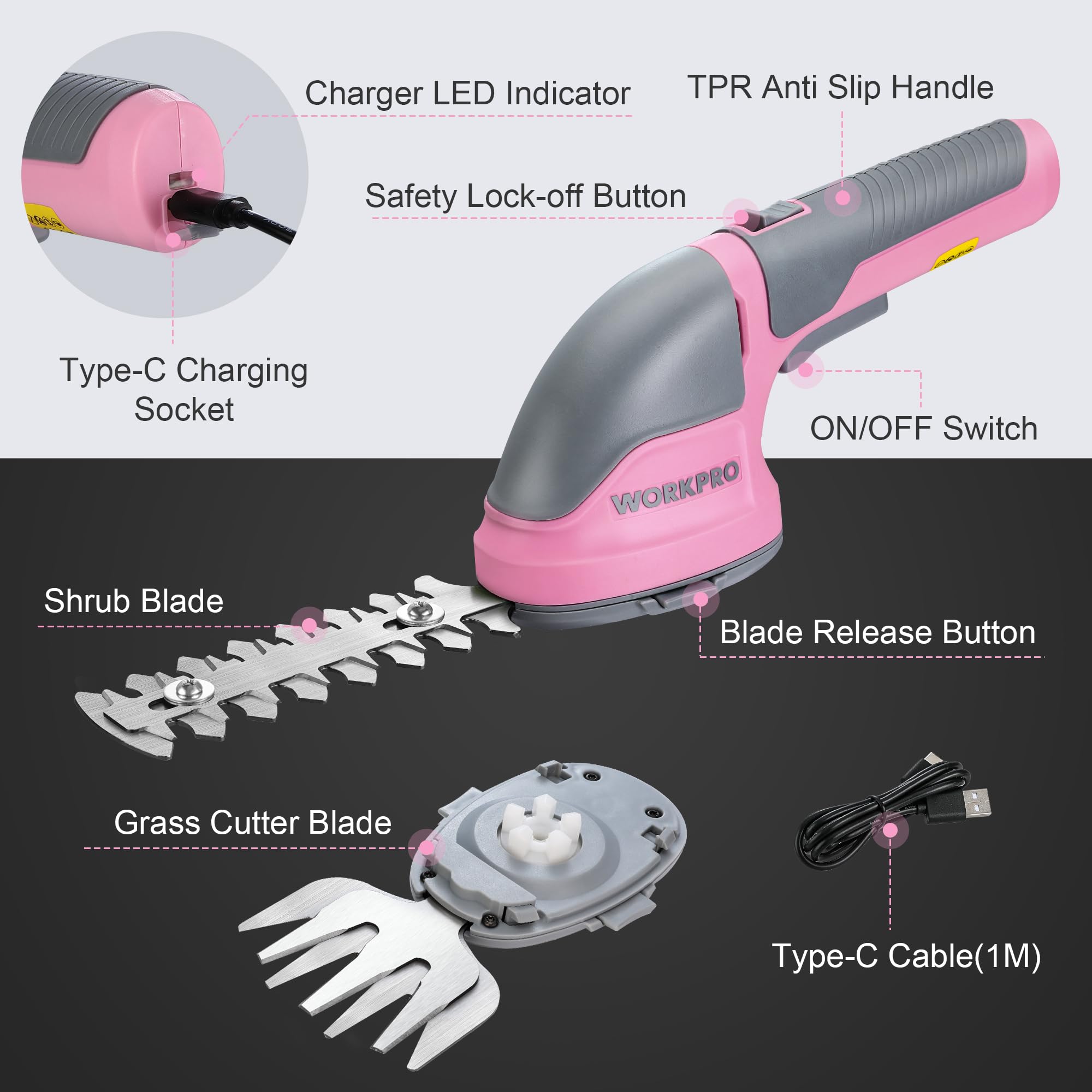 WORKPRO Cordless Grass Shear & Shrubbery Trimmer - 2 in 1 Handheld Hedge Trimmer Electric Grass Trimmer Hedge Shears/Grass Cutter Rechargeable Lithium-Ion Battery and Type-C Cable Included Pink Ribbon