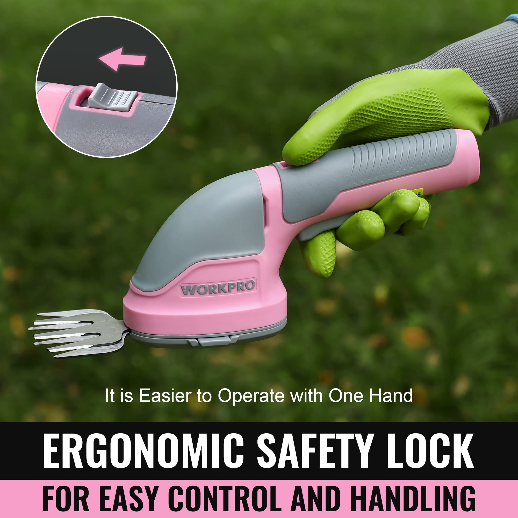 WORKPRO Cordless Grass Shear & Shrubbery Trimmer - 2 in 1 Handheld Hedge Trimmer Electric Grass Trimmer Hedge Shears/Grass Cutter Rechargeable Lithium-Ion Battery and Type-C Cable Included Pink Ribbon