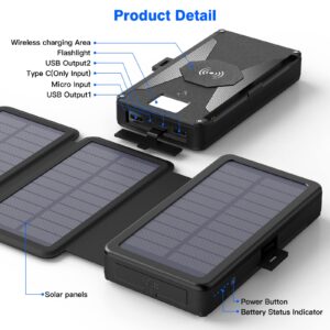 undreem 30000mah Solar Power Bank Fast Charging, 3 Outputs USB-C Solar Battery Charger with 4 Foldable Solar Panels, Wireless Solar External Battery Pack for Electronic Devices