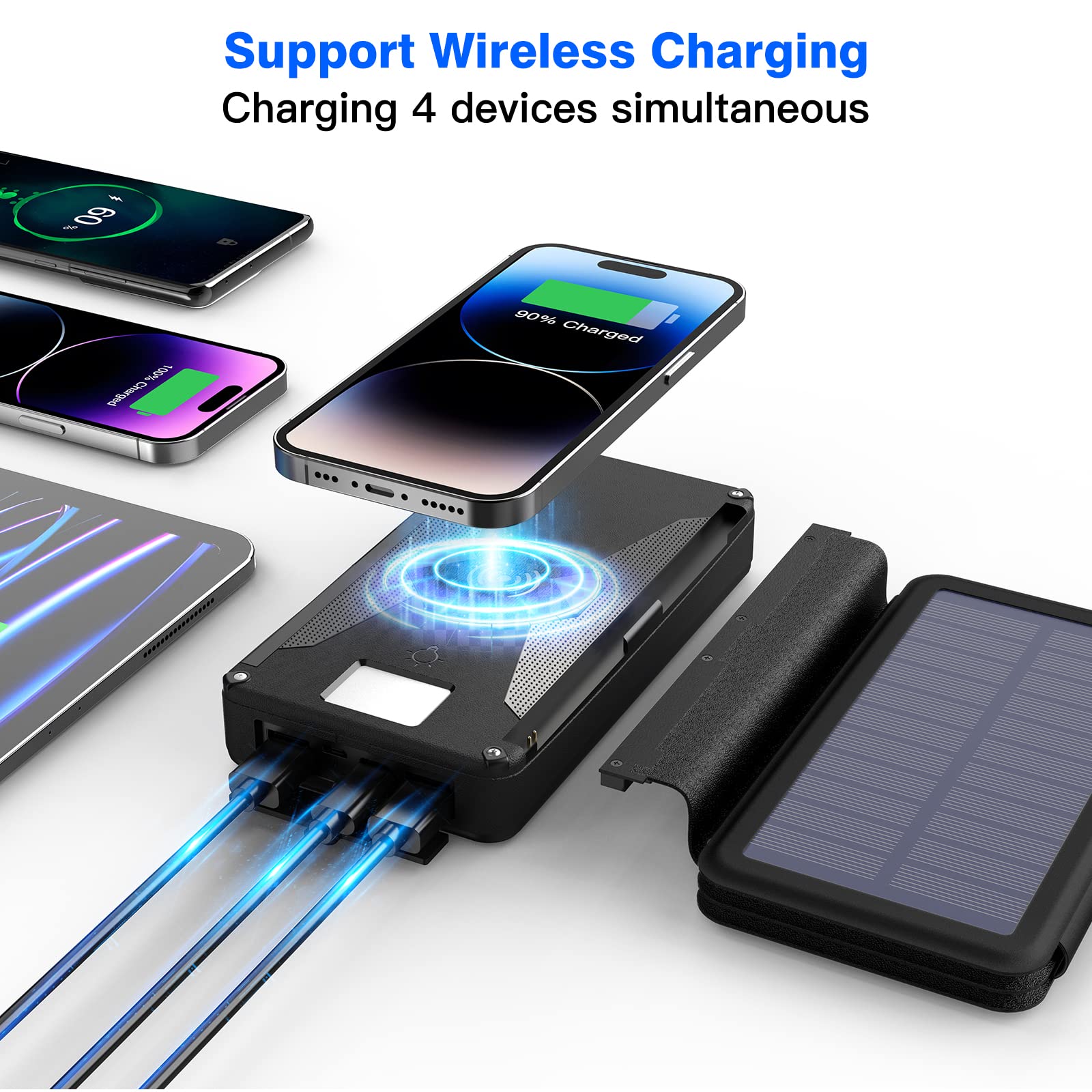 undreem 30000mah Solar Power Bank Fast Charging, 3 Outputs USB-C Solar Battery Charger with 4 Foldable Solar Panels, Wireless Solar External Battery Pack for Electronic Devices