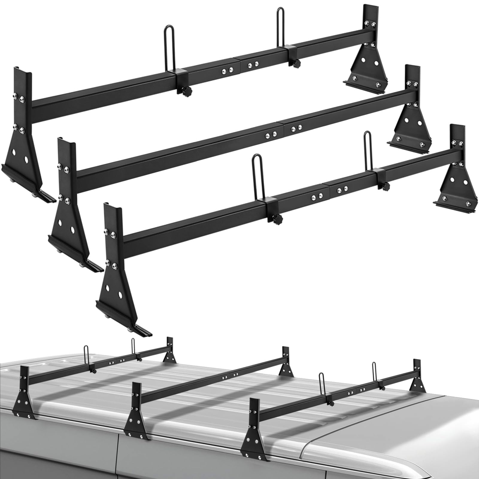 Universal Van Ladder Roof Racks, 3 Bars, Adjustable Matte Coating Van Rack with Ladder Stoppers, Fit Chevy Express Fullsize Van 1996-Up,Suitable for Vans with Rain Gutter,800LB Load-capacity