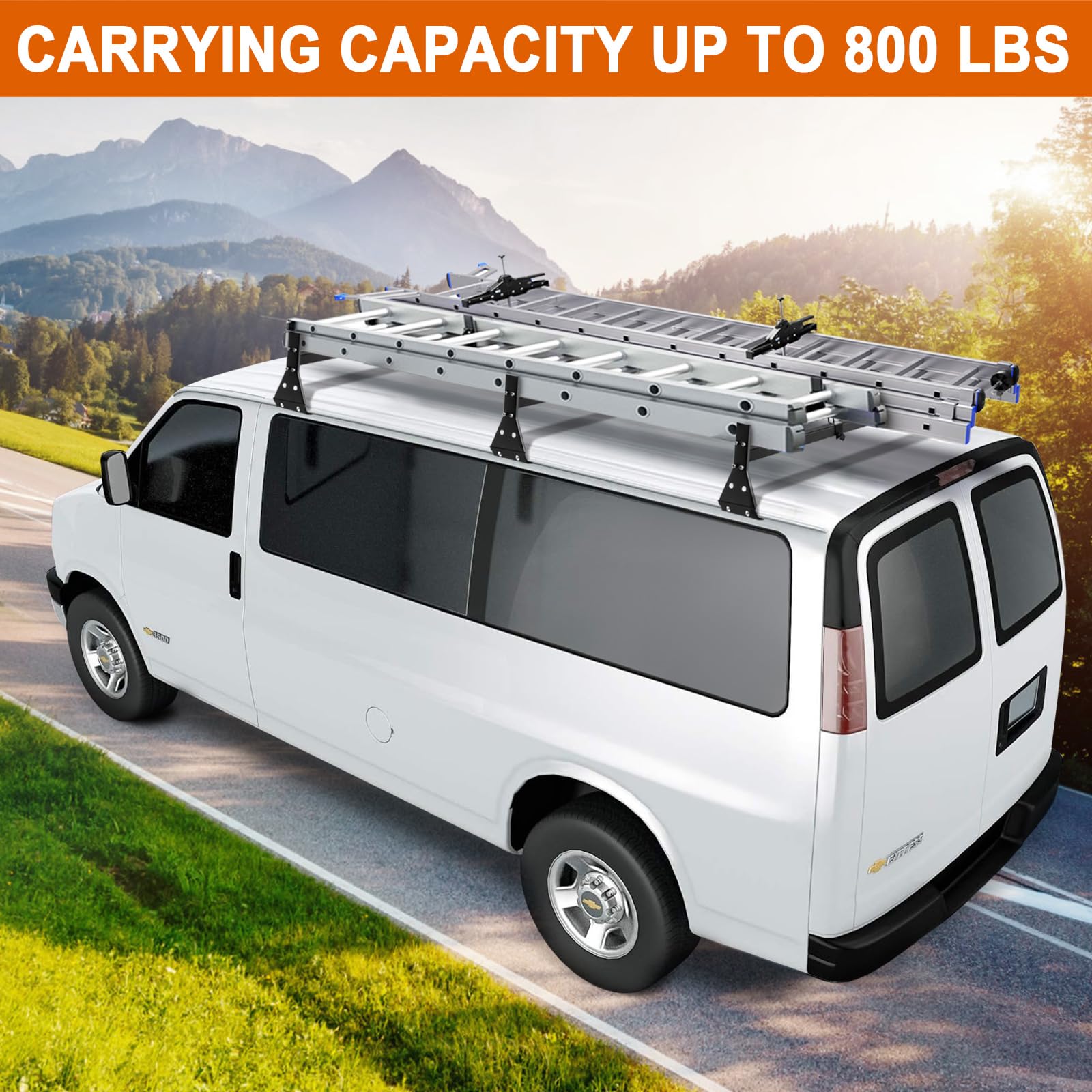 Universal Van Ladder Roof Racks, 3 Bars, Adjustable Matte Coating Van Rack with Ladder Stoppers, Fit Chevy Express Fullsize Van 1996-Up,Suitable for Vans with Rain Gutter,800LB Load-capacity