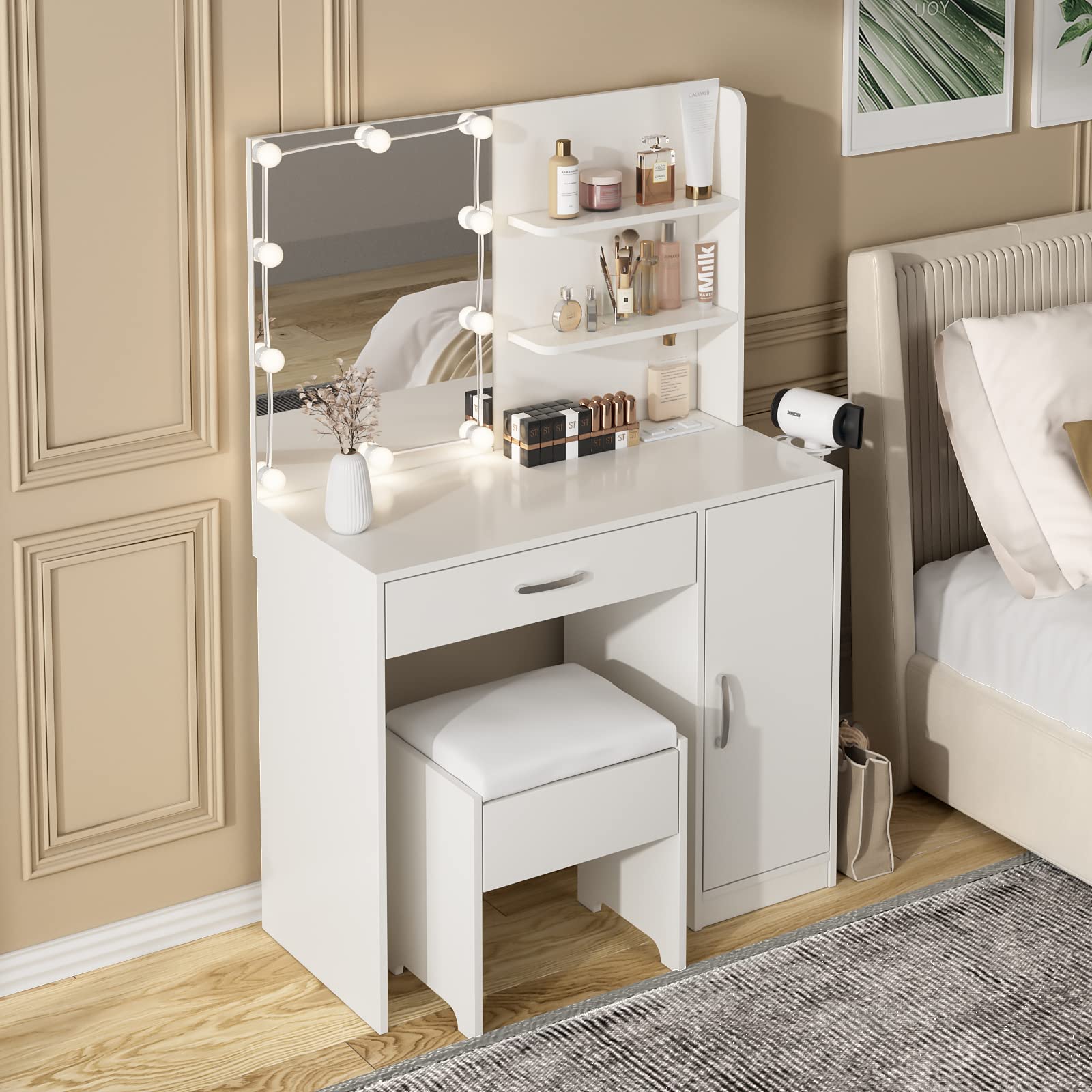 Makeup Vanity Desk with Lighted Mirror & Power Strip,Makeup Vanity Table with Lights and Lots Storage,3 Lighting Modes,35in Large Drawers Dressing Table,White