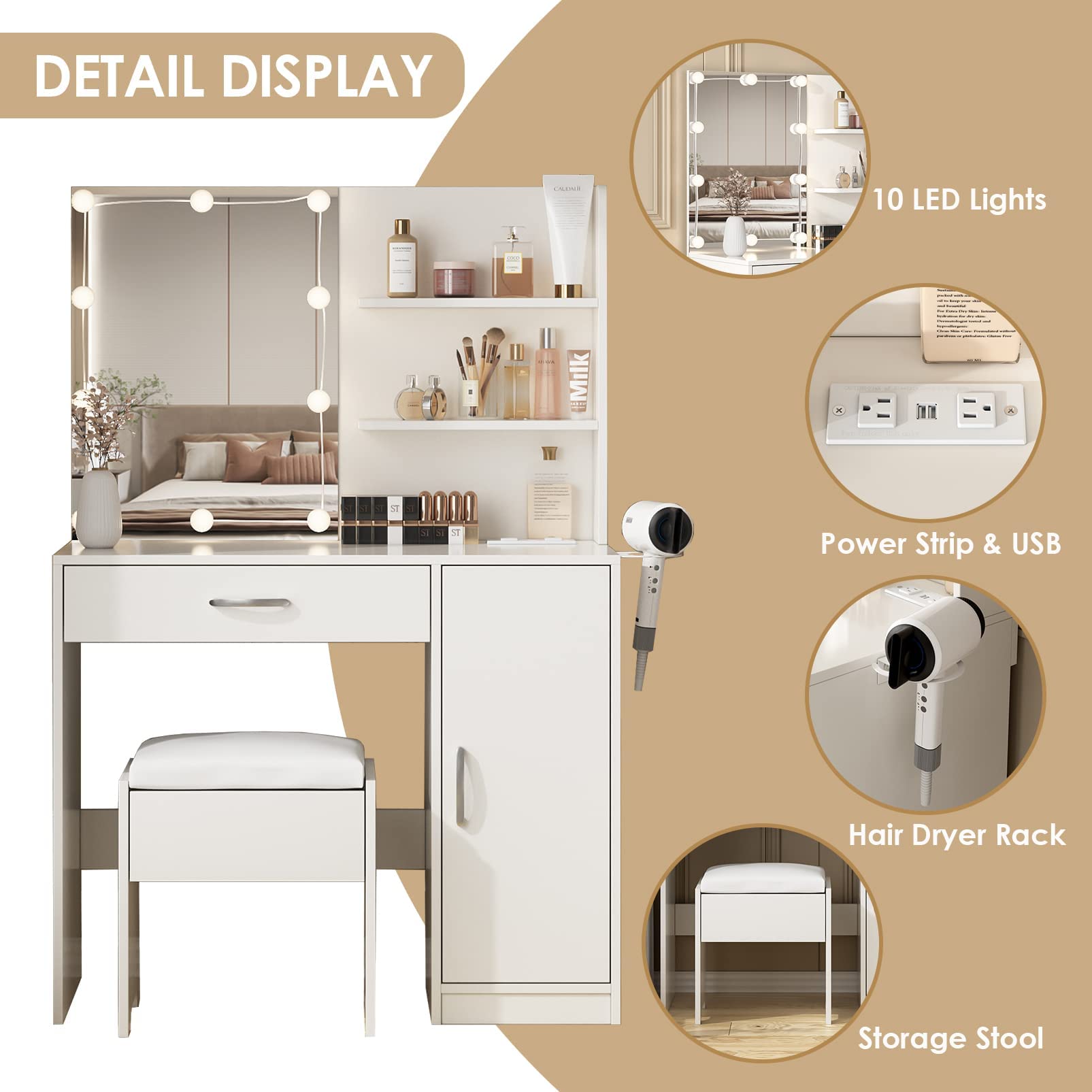 Makeup Vanity Desk with Lighted Mirror & Power Strip,Makeup Vanity Table with Lights and Lots Storage,3 Lighting Modes,35in Large Drawers Dressing Table,White