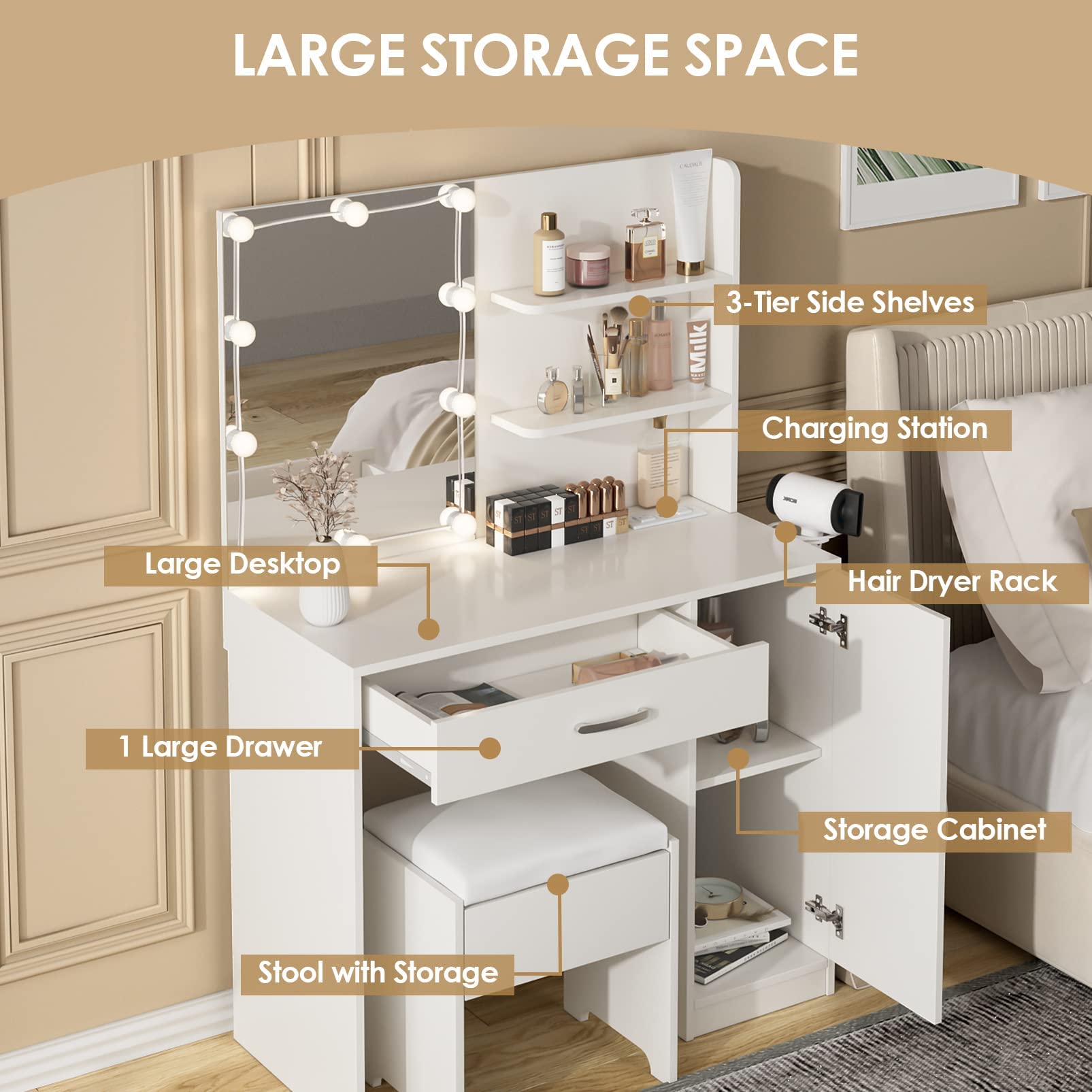 Makeup Vanity Desk with Lighted Mirror & Power Strip,Makeup Vanity Table with Lights and Lots Storage,3 Lighting Modes,35in Large Drawers Dressing Table,White