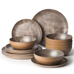 joviton home 18pcs olive wood melamine dinnerware sets for 6, plates and bowls sets (olive wood)