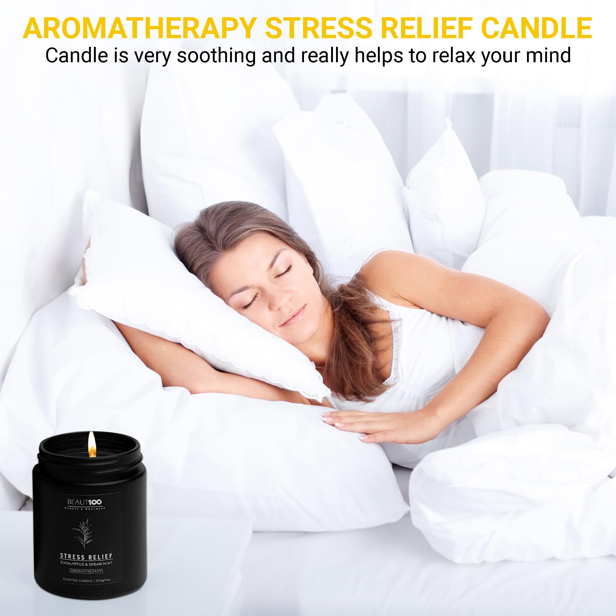 BEAUT100 Stress Relief Candle | Scented Candles for Men & Women | Aromatherapy Candle, Long Lasting Relax Soy Candles for Home | Candles Gift for Women & Men.