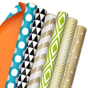 hallmark reversible wrapping paper bundle (6 rolls: 150 square feet total) stripes, chevron, solid, black & white, gold, green, orange, blue for birthdays, holidays, any occasion