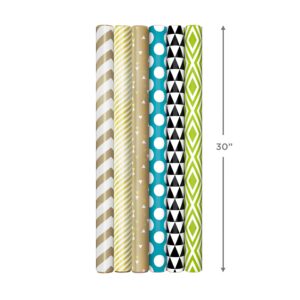 Hallmark Reversible Wrapping Paper Bundle (6 Rolls: 150 Square Feet Total) Stripes, Chevron, Solid, Black & White, Gold, Green, Orange, Blue for Birthdays, Holidays, Any Occasion