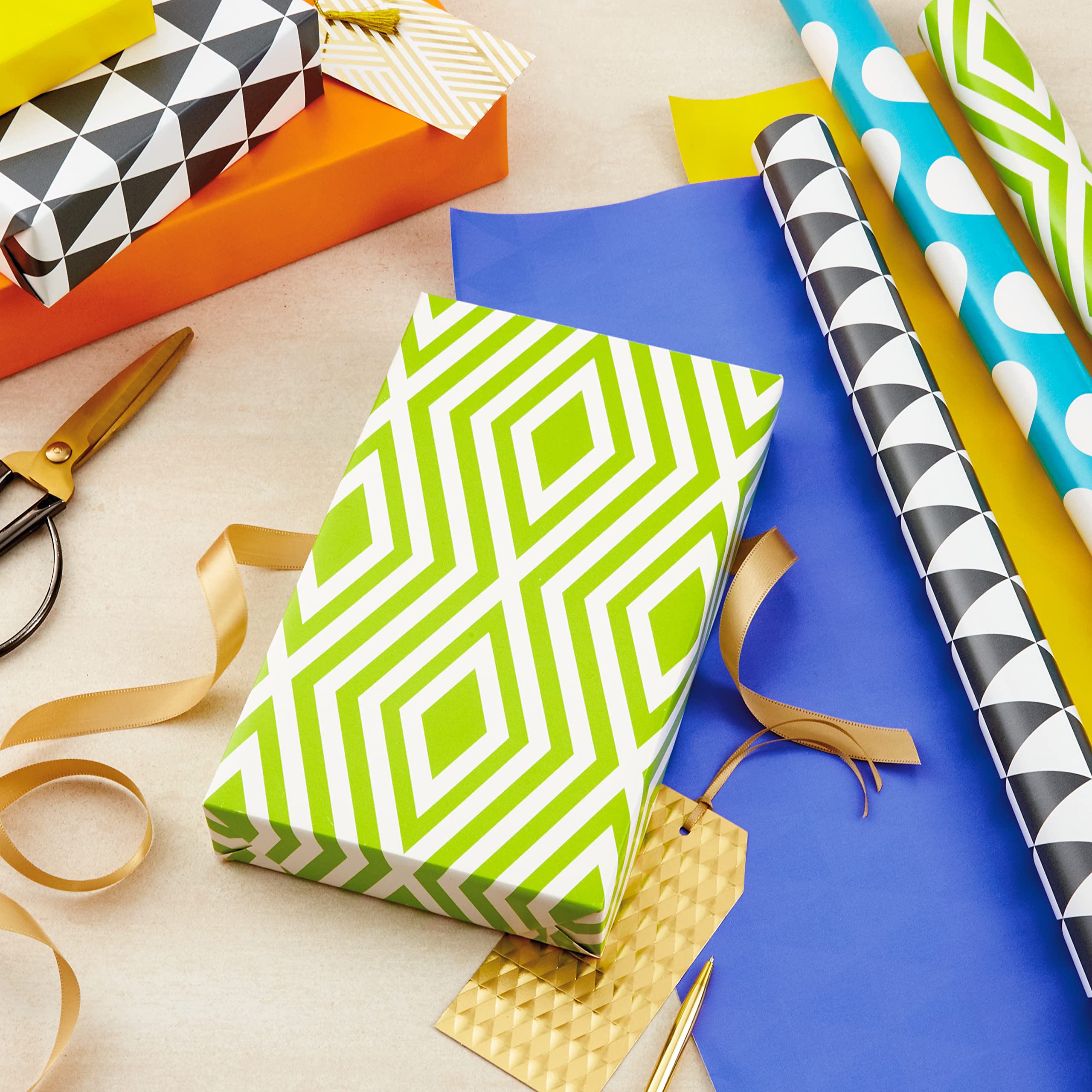 Hallmark Reversible Wrapping Paper Bundle (6 Rolls: 150 Square Feet Total) Stripes, Chevron, Solid, Black & White, Gold, Green, Orange, Blue for Birthdays, Holidays, Any Occasion