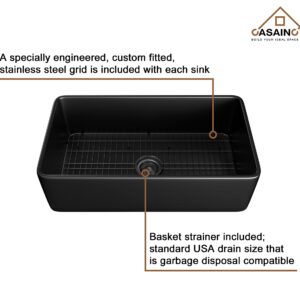 CASAINC 33-inch Kitchen Sink Black, Farmhouse Sink Fireclay Apron -Front Farmhouse Deep Single Bowl, Farmhouse Sink with Stainless Steel Bottom Grid and Kitchen Sink Drain