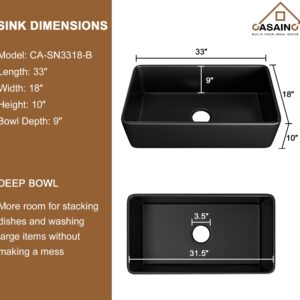 CASAINC 33-inch Kitchen Sink Black, Farmhouse Sink Fireclay Apron -Front Farmhouse Deep Single Bowl, Farmhouse Sink with Stainless Steel Bottom Grid and Kitchen Sink Drain