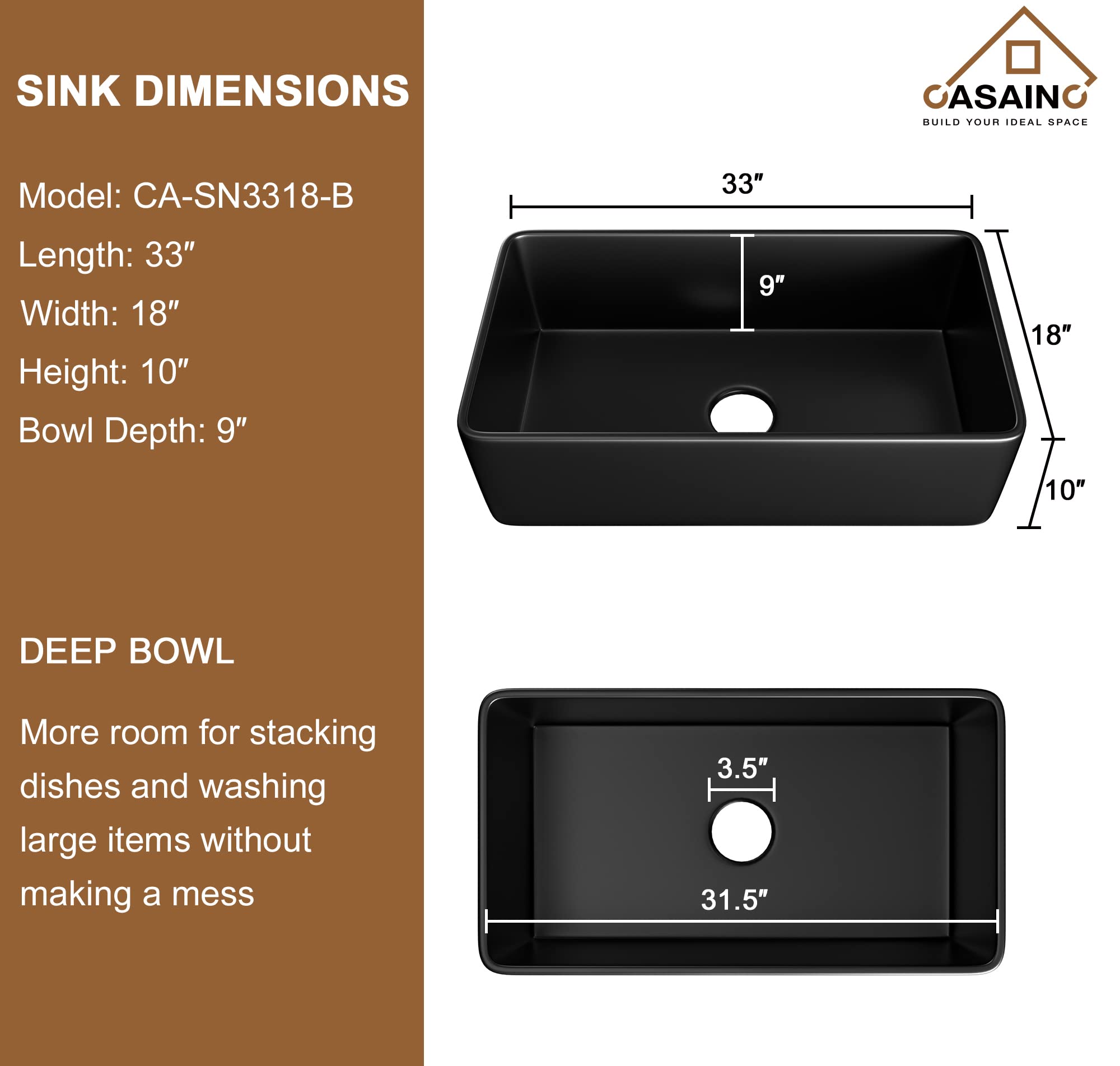 CASAINC 33-inch Kitchen Sink Black, Farmhouse Sink Fireclay Apron -Front Farmhouse Deep Single Bowl, Farmhouse Sink with Stainless Steel Bottom Grid and Kitchen Sink Drain