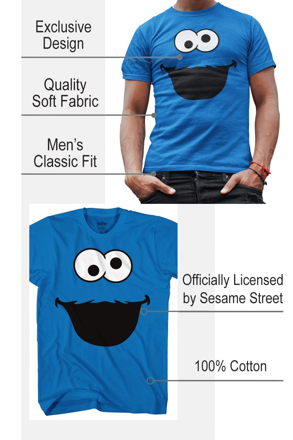 Sesame Street Cookie Monster Face T-Shirt for Men Adult Merch Graphic Tshirt Men's Tee 2X 2XL XX-Large (Blue, XX-Large)