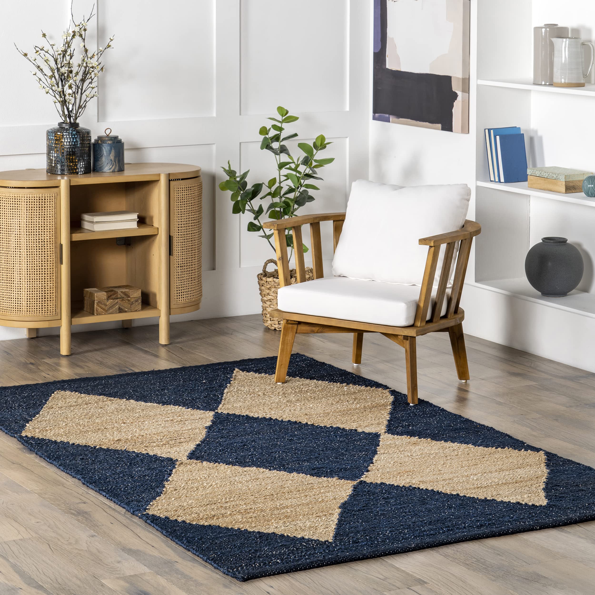 nuLOOM Pandora Diamond Jute Area Rug - 8x10 Jute Area Rug Global Inspired Navy/Ivory Rugs for Dining Room Rug Neutral Rug Living Room Rug Kitchen