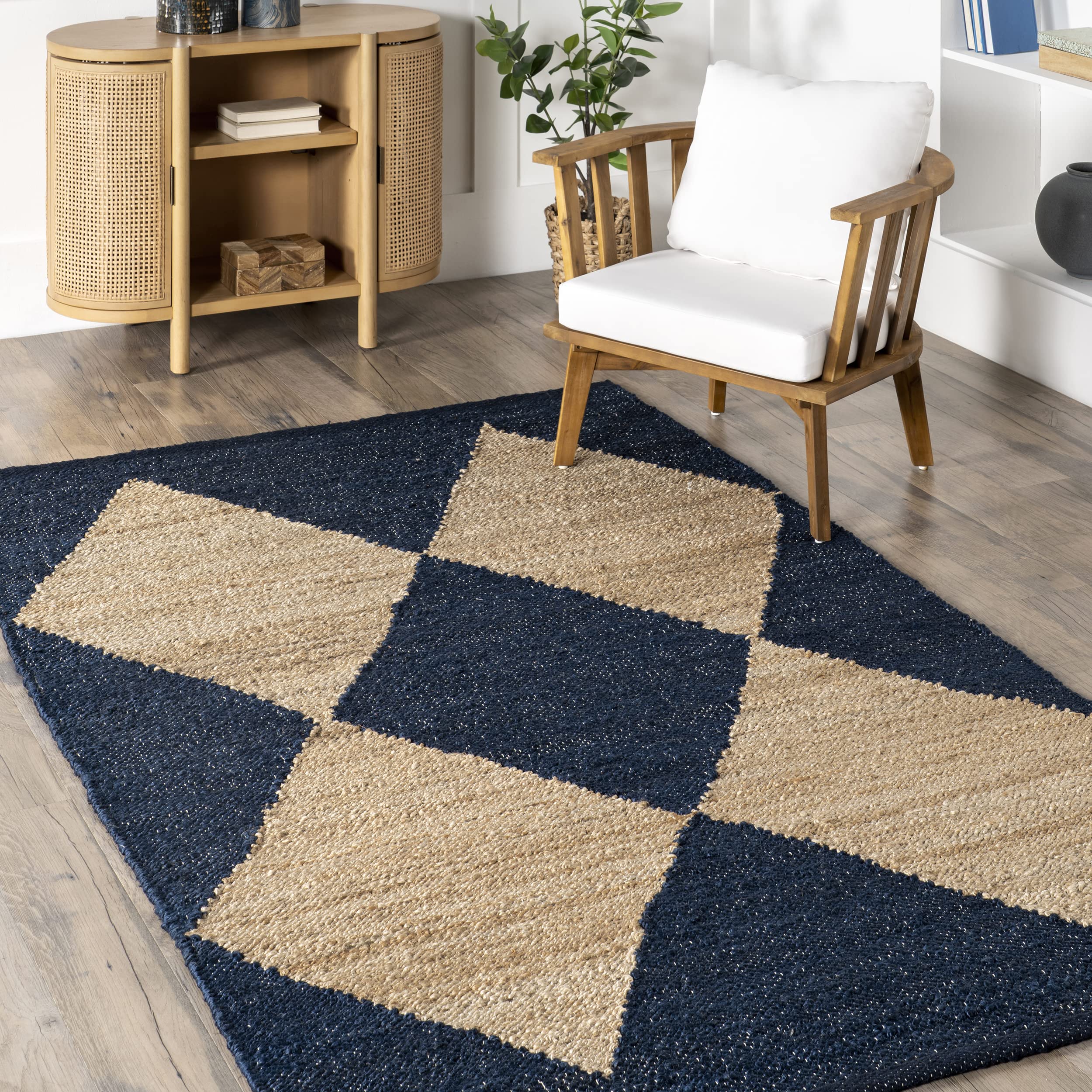 nuLOOM Pandora Diamond Jute Area Rug - 8x10 Jute Area Rug Global Inspired Navy/Ivory Rugs for Dining Room Rug Neutral Rug Living Room Rug Kitchen