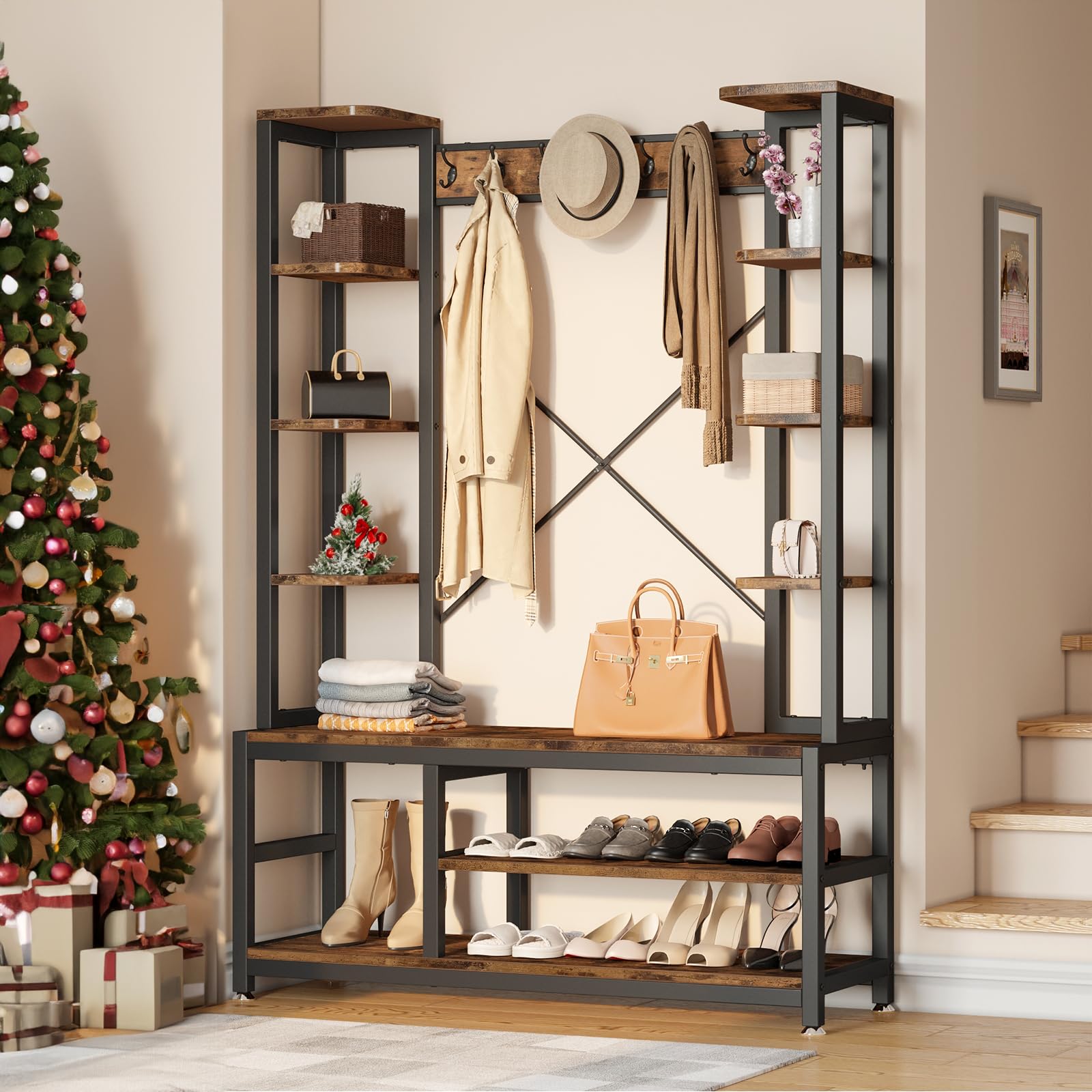 YITAHOME Entryway Hall Tree with Bench and Shoe Storage Shelves, 5-in-1 Coat Rack with Shoe Storage Bench, Industrial Mudroom Bench with Two Side Storage Shelves, for Hallway, Bedroom, Rustic Brown