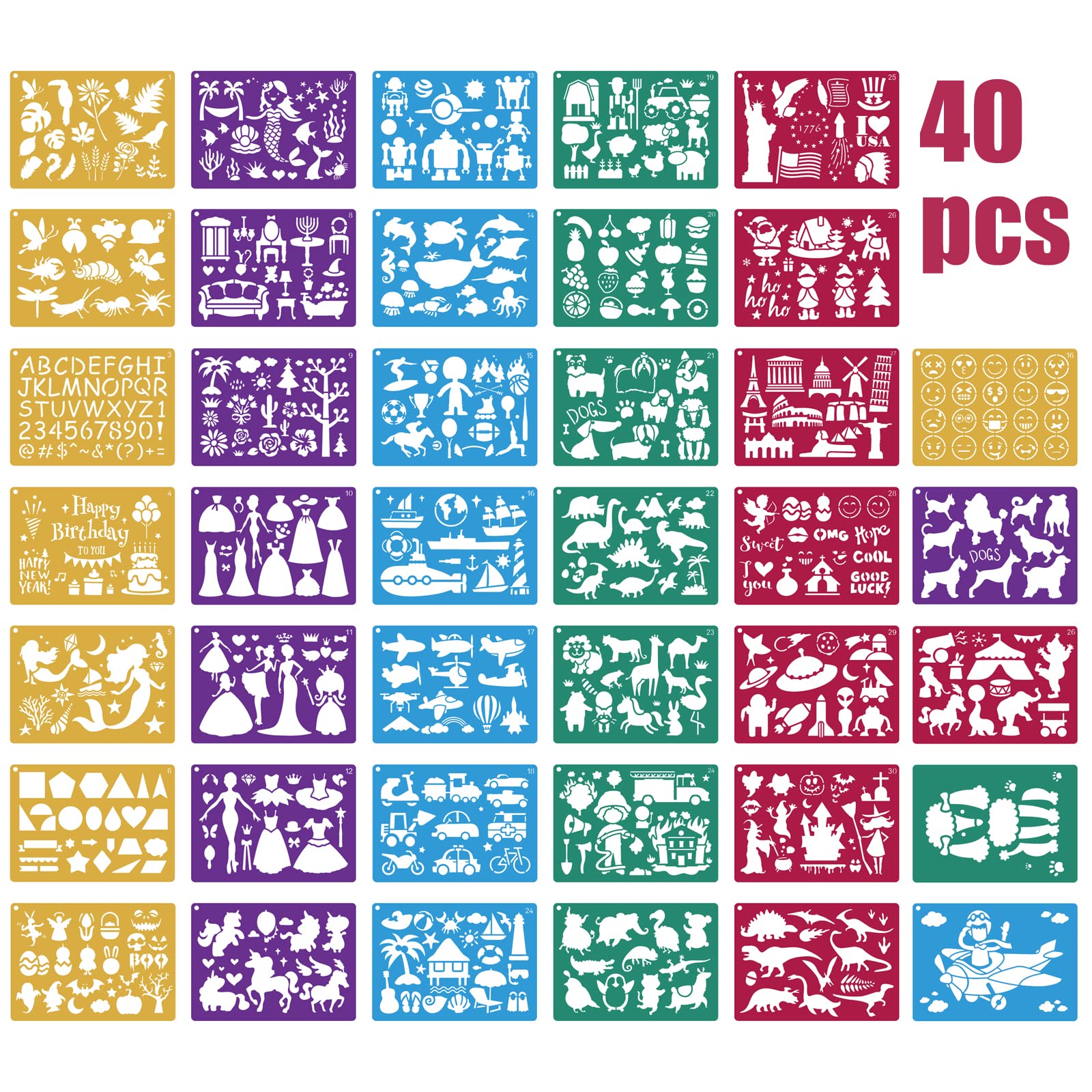 Kaemi 40pcs Plastic Drawing Stencils Set, Stencils for Kids with Over 400+ Different Patterns are The Gift for Boys and Girls