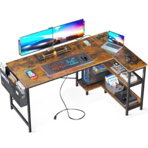 odk 55 inch small l shaped gaming computer desk with power outlets, reversible storage shelves & pc stand for home office, simple writing study table with storage bag for small space, vintage