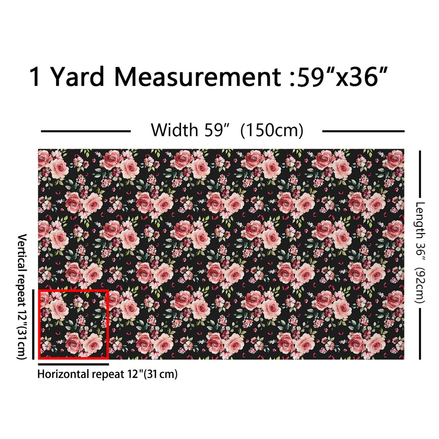 Watercolor Floral Fabric by The Yard Farmhouse Style Retro Flower Rustic Leaf Fabric for Girls Boys Kids Upholstery and Home DIY Projects Black Background Fabric for Sewing Hobby,3 Yards