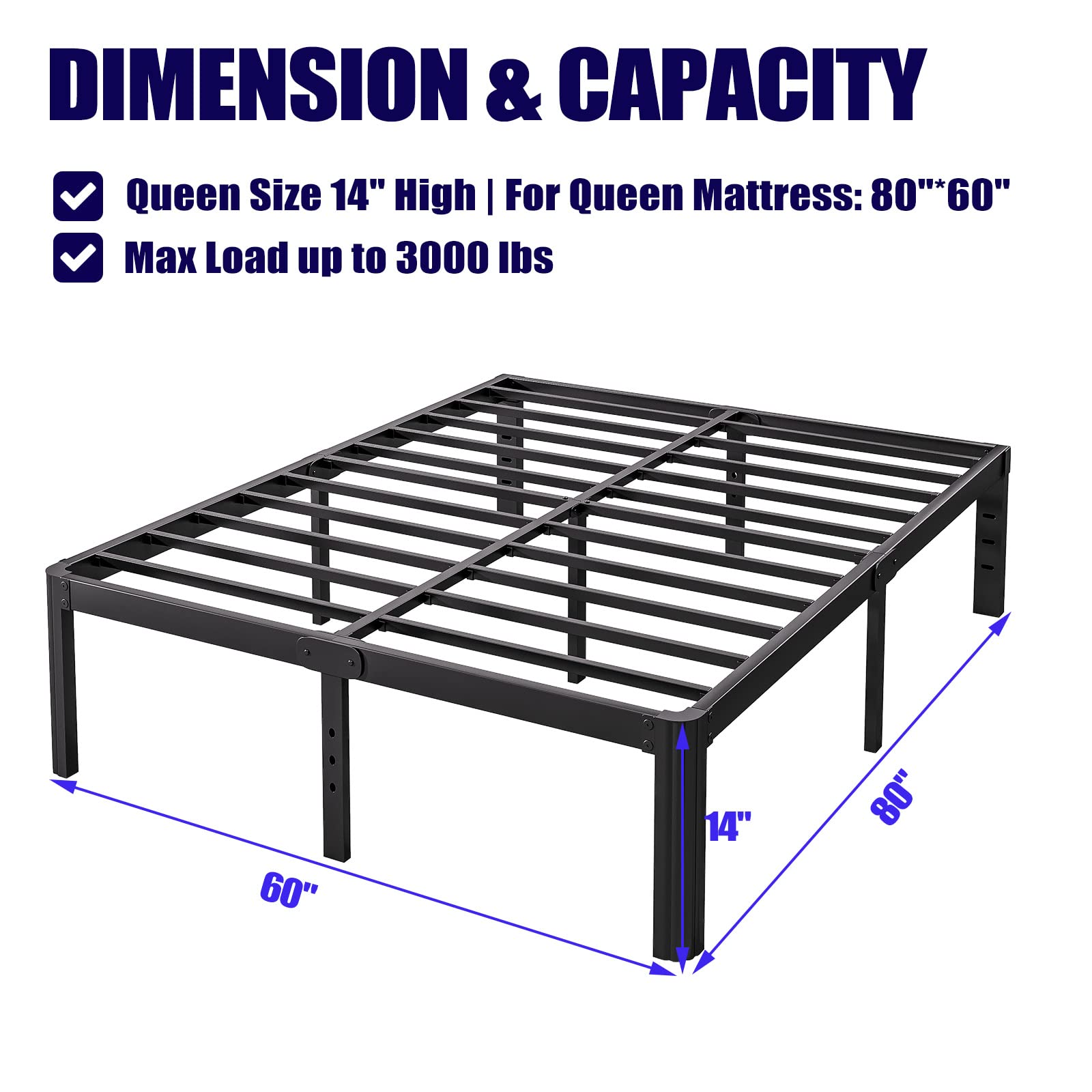 Hunlostten 14in High Queen Bed Frame No Box Spring Needed, Heavy Duty Metal Platform Bed Frame Queen Size with Round Corners, Easy Assembly, Noise Free, Black