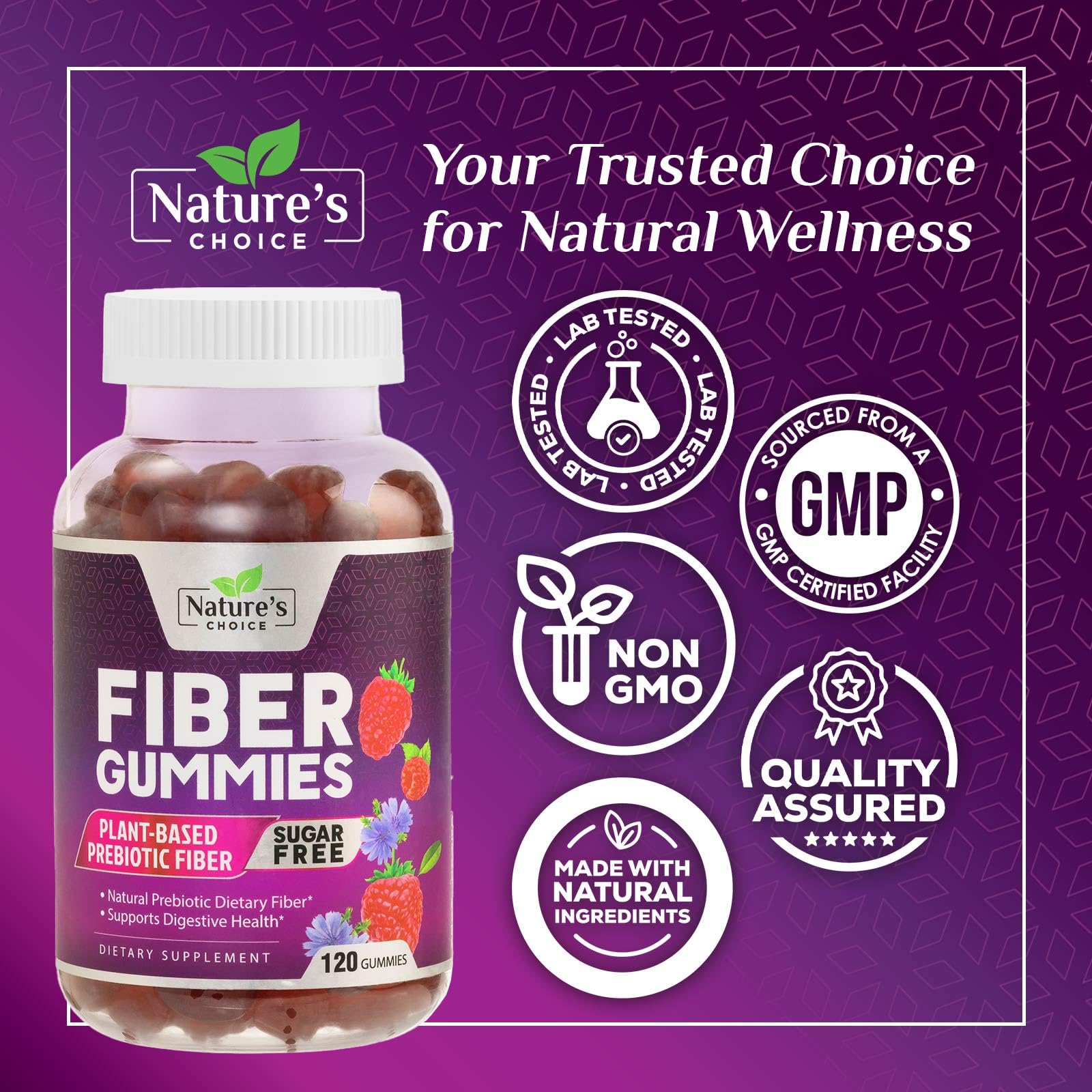 Sugar Free Fiber Gummies for Adults, Daily Prebiotic Fiber Supplement & Digestive Health Support - Supports Regularity & Digestive Health, Nature's Plant Based, Non-GMO, Berry Flavor - 120 Gummies