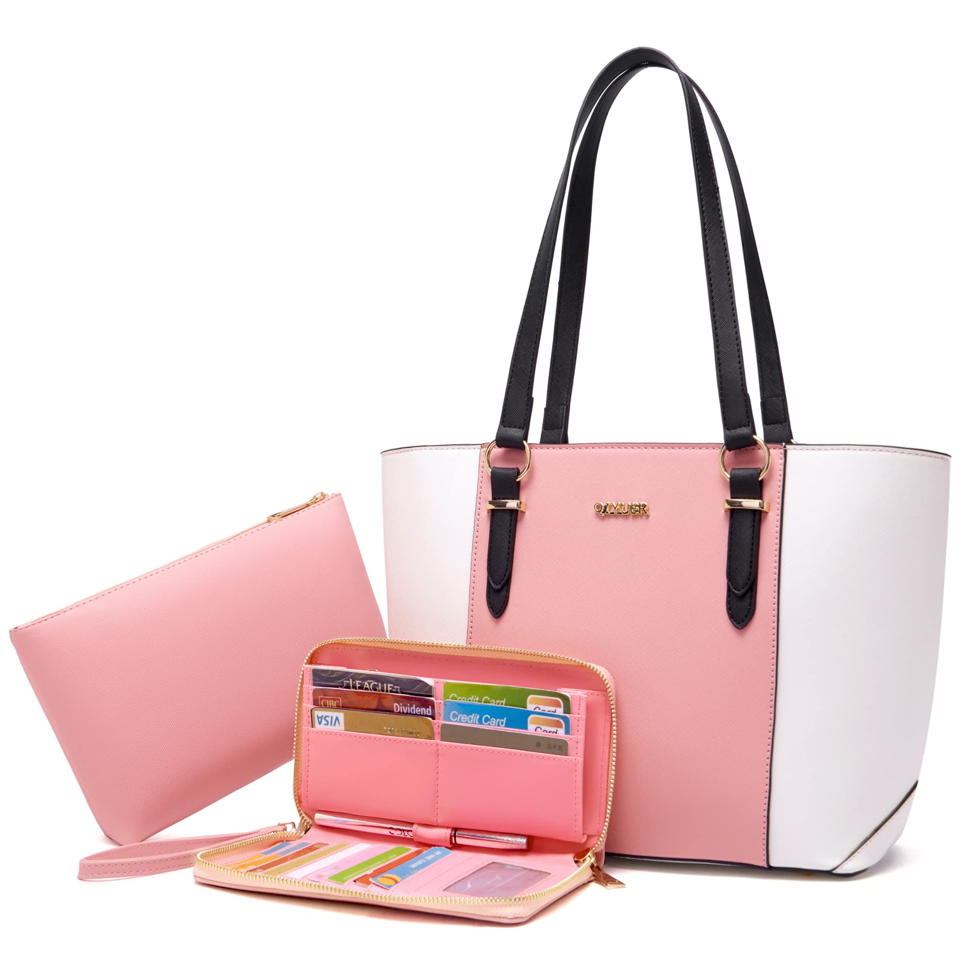 Women Purses Handbags Wallet Sets Shoulder Bags Top Handle Satchel Tote Purse Work Bag Set With Matching Wallet 3pcs WhitePink