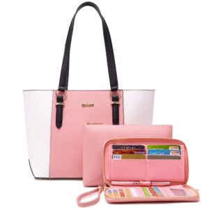 Women Purses Handbags Wallet Sets Shoulder Bags Top Handle Satchel Tote Purse Work Bag Set With Matching Wallet 3pcs WhitePink