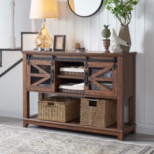 OKD Entryway Table w/Sliding Barn Doors, 46'' Farmhouse & Industrial Console Table with Storage, Rustic Sofa Table w/Adjustable Shelf & Open Shelf for Entryway, Hallway, Livingroom, Reclaimed Barnwood