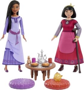 mattel disney wish toys, best friends tea time playset with asha & dahlia of rosas dolls, 2 figures, 1 table & 10 accessories, inspired by the movie