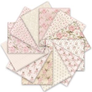 Whaline 12Pcs Spring Cotton Fabric Bundles 18 x 22 Inch Retro Floral Printed Fat Quarters Pink Flower Quilting Patchwork Squares Sewing Fabrics for DIY Handmade Crafting Home Party Decor