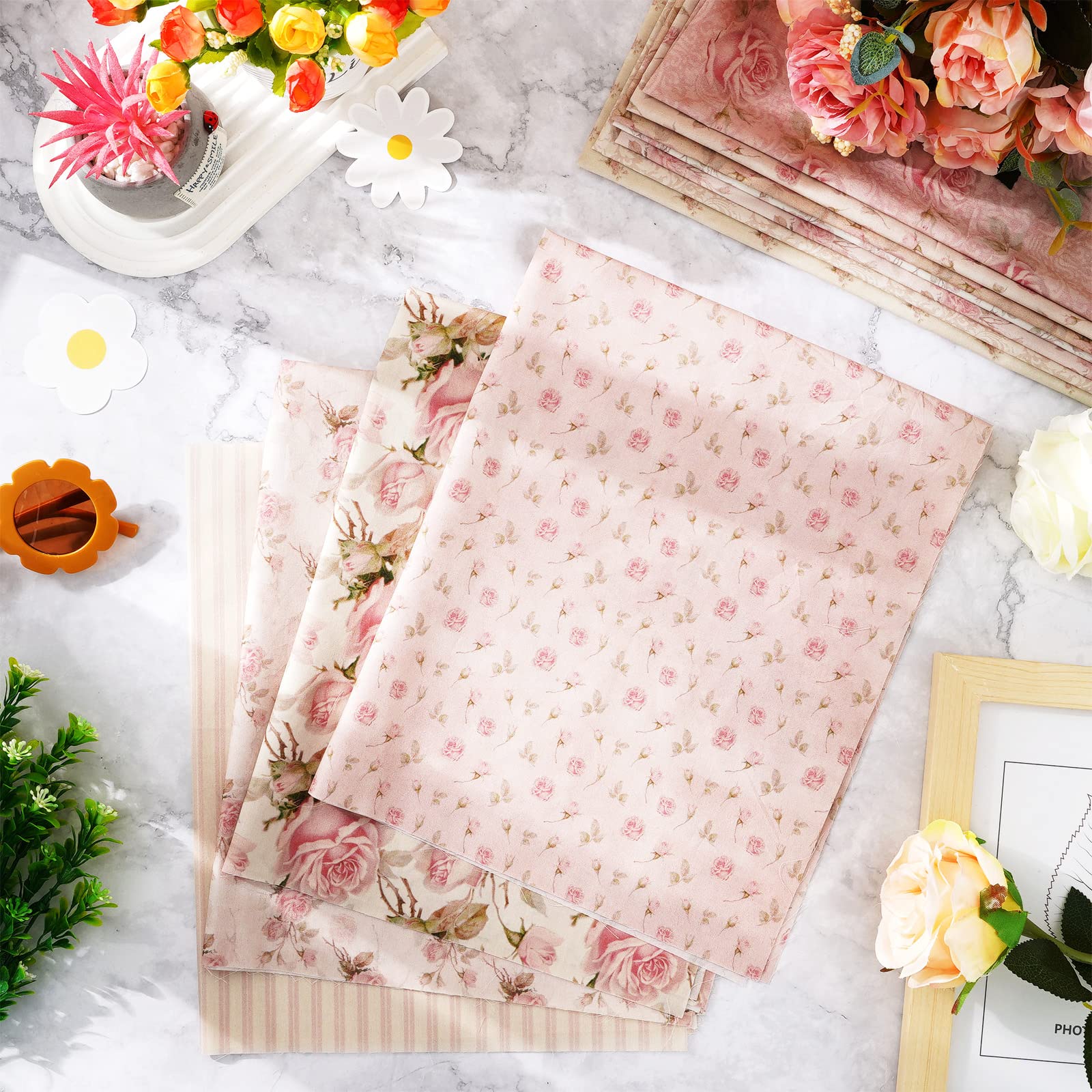 Whaline 12Pcs Spring Cotton Fabric Bundles 18 x 22 Inch Retro Floral Printed Fat Quarters Pink Flower Quilting Patchwork Squares Sewing Fabrics for DIY Handmade Crafting Home Party Decor