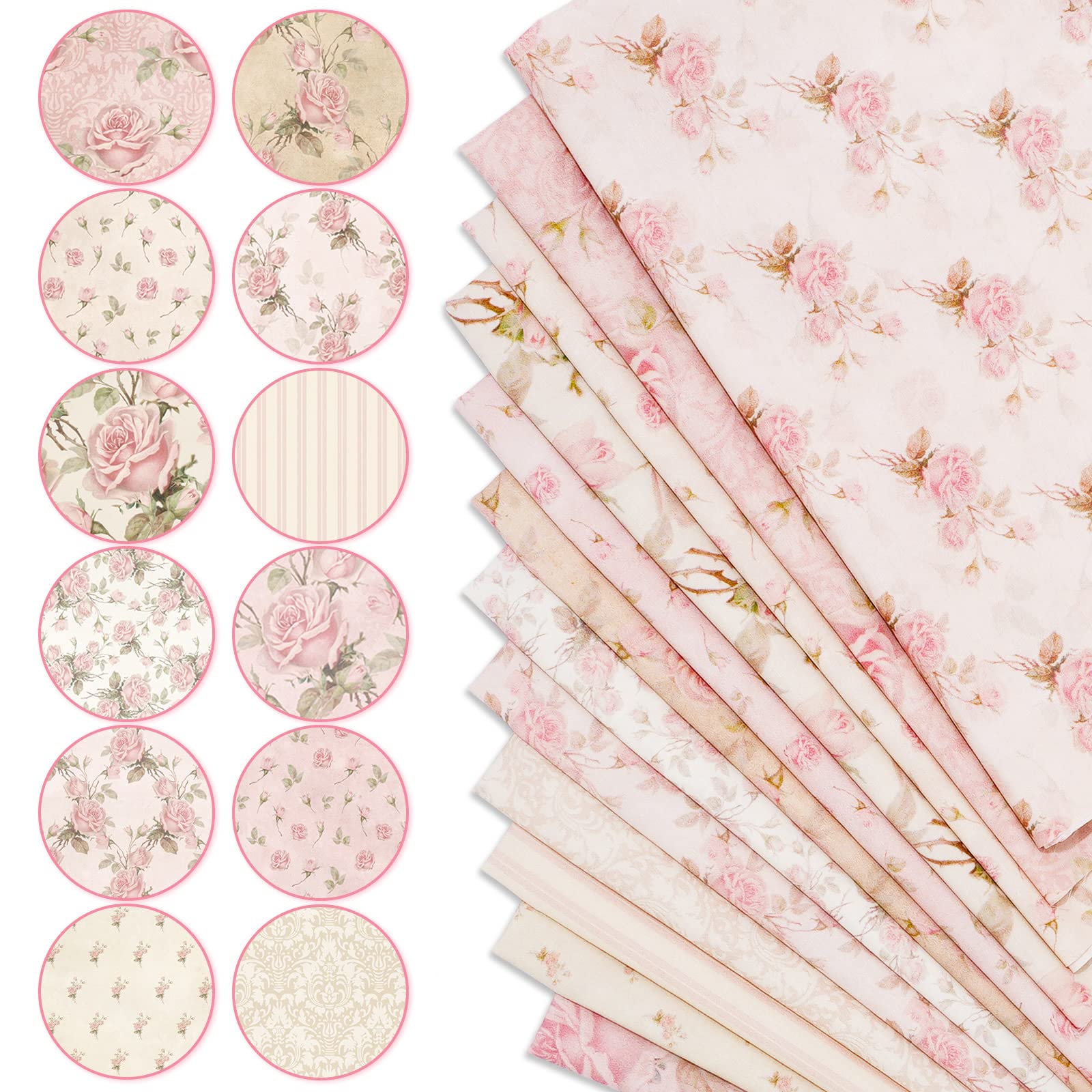 Whaline 12Pcs Spring Cotton Fabric Bundles 18 x 22 Inch Retro Floral Printed Fat Quarters Pink Flower Quilting Patchwork Squares Sewing Fabrics for DIY Handmade Crafting Home Party Decor