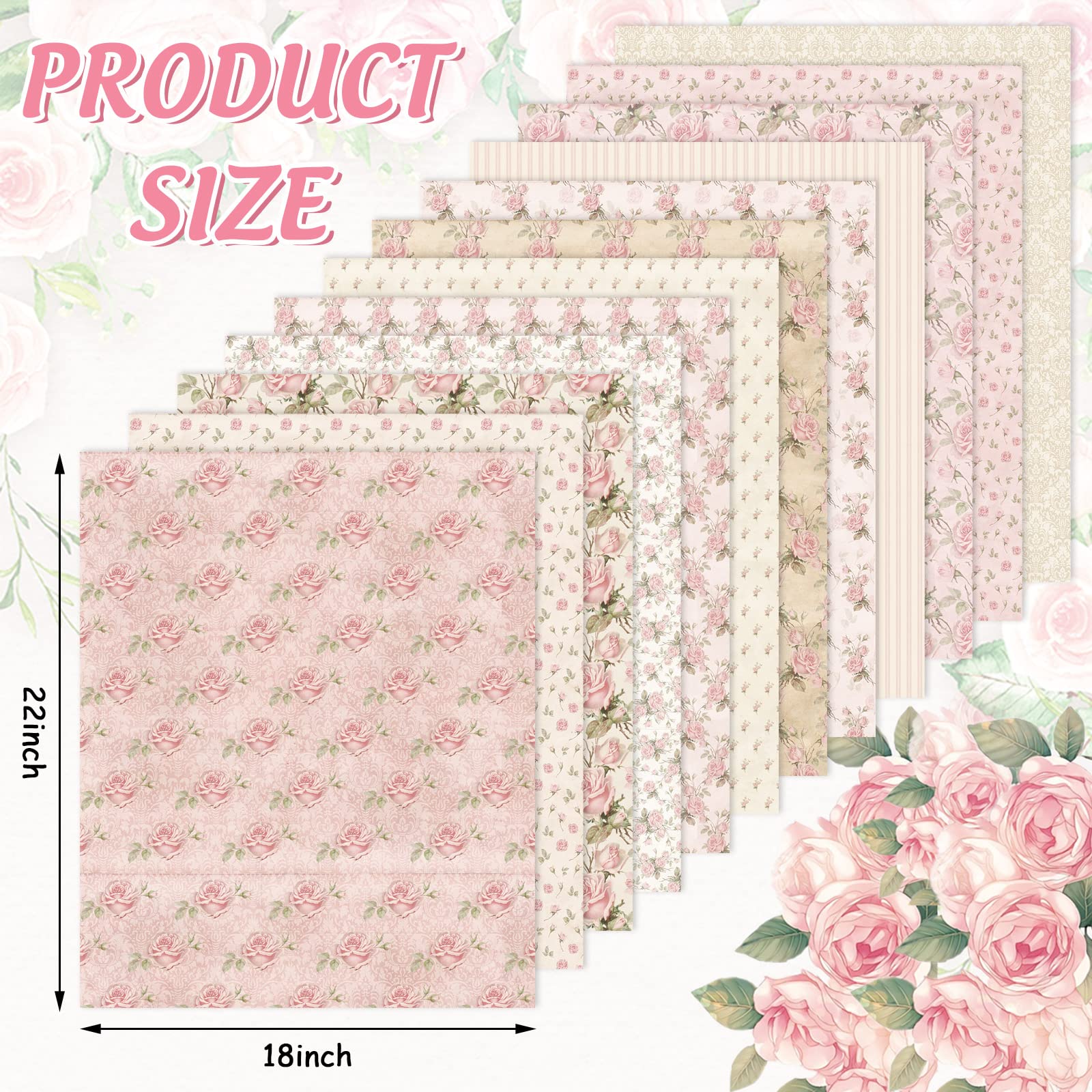 Whaline 12Pcs Spring Cotton Fabric Bundles 18 x 22 Inch Retro Floral Printed Fat Quarters Pink Flower Quilting Patchwork Squares Sewing Fabrics for DIY Handmade Crafting Home Party Decor