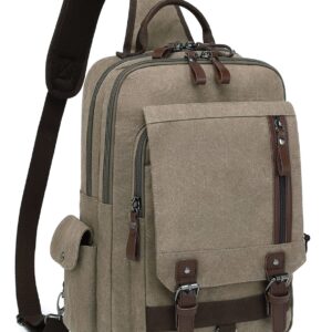 mygreen Canvas Leather Crossbody Messenger Bag One Strap Sling Travel Hiking Chest Bag Khaki Green, XL