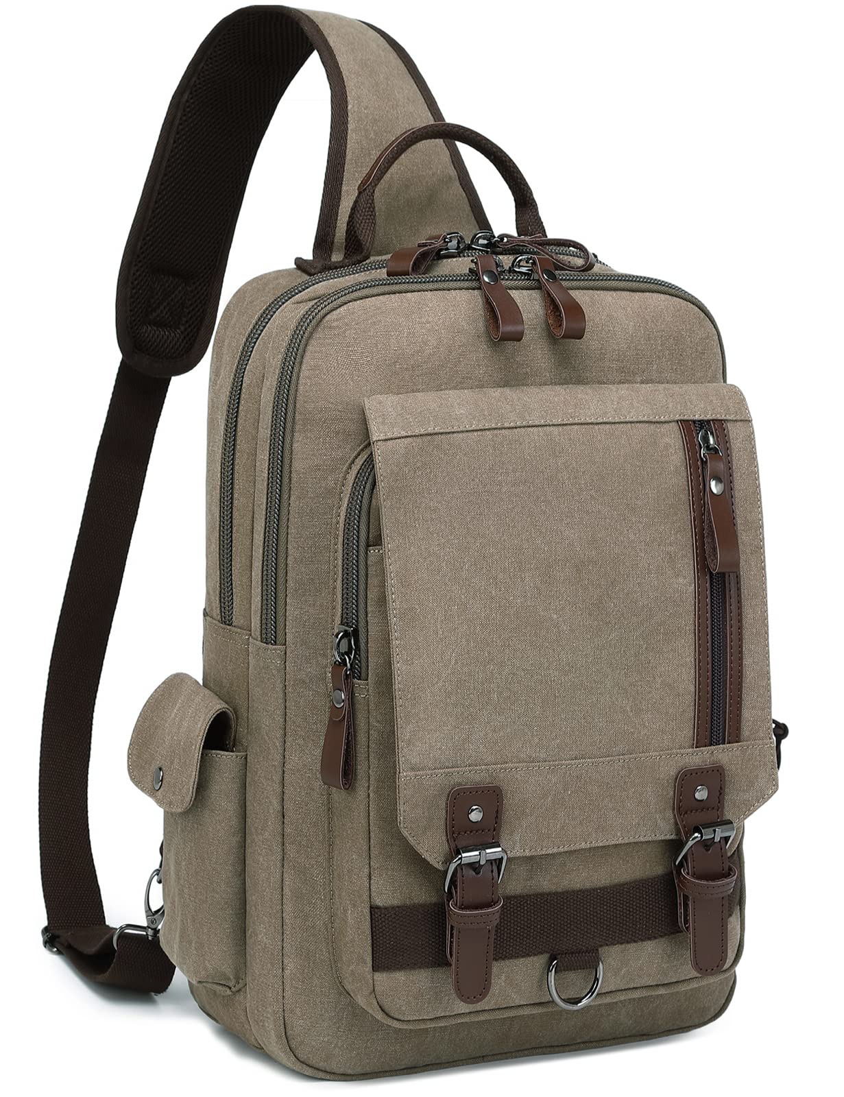 mygreen Canvas Leather Crossbody Messenger Bag One Strap Sling Travel Hiking Chest Bag Khaki Green, XL