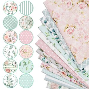 Whaline 12Pcs Spring Cotton Fabric Bundles 18 x 22 Inch Floral Greenery Printed Fat Quarters Pink Green Retro Quilting Patchwork Squares Sewing Fabrics for DIY Handmade Crafting Home Party Decor