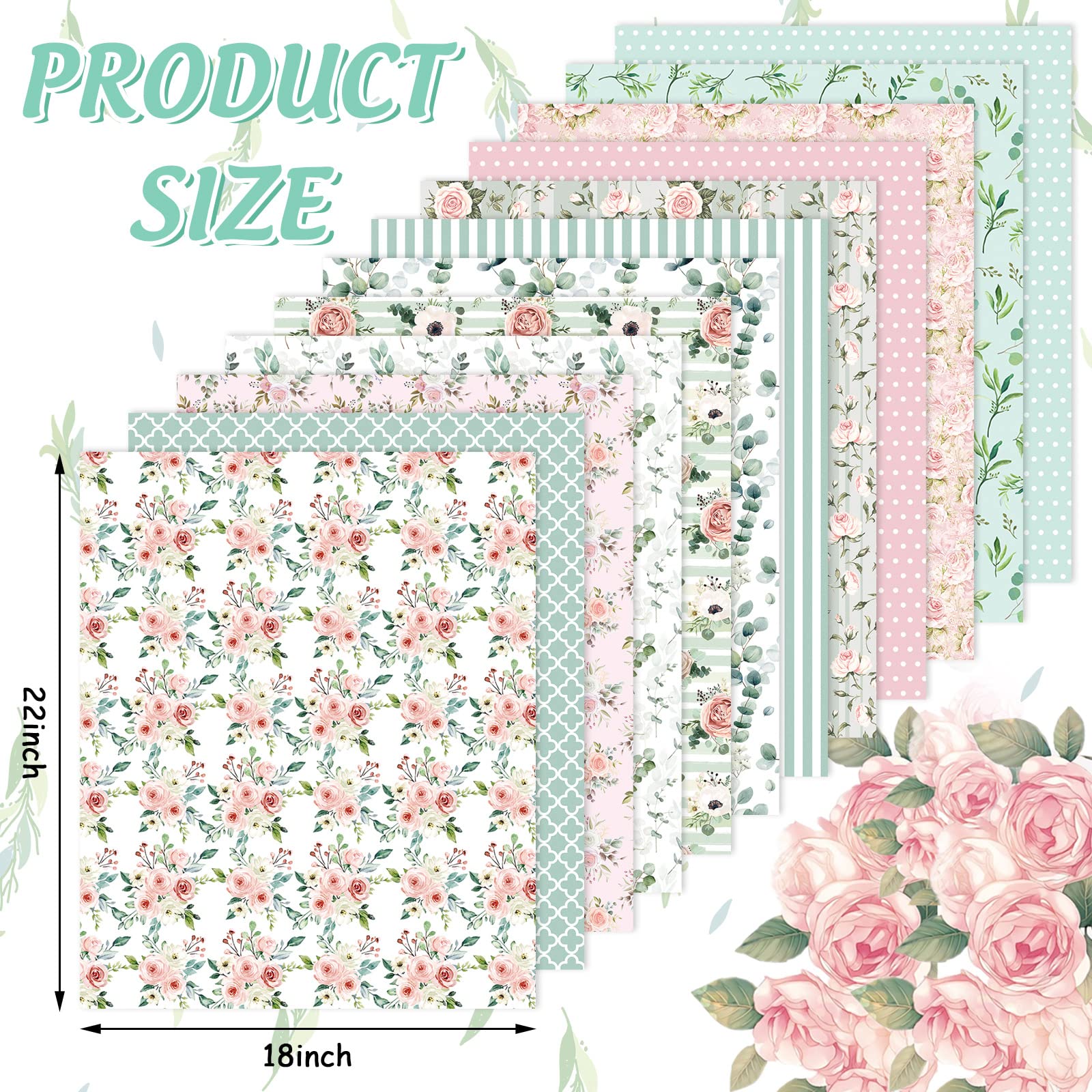 Whaline 12Pcs Spring Cotton Fabric Bundles 18 x 22 Inch Floral Greenery Printed Fat Quarters Pink Green Retro Quilting Patchwork Squares Sewing Fabrics for DIY Handmade Crafting Home Party Decor