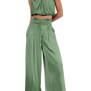 PRETTYGARDEN Women's 2 Piece Outfits 2024 Summer Casual Sleeveless Mock Neck Crop Tops Wide Leg Pants Set (Light Green,Large)