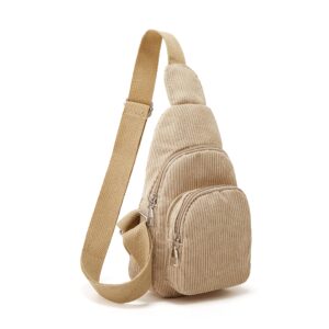 Sling Bag for Women Small Crossbody Sling Bag Corduroy Sling Backpack Fanny Belt Bag for Travel Sports Running Hiking Khaki