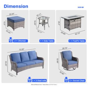 XIZZI Outdoor Swivel Rocking Chairs Patio Furniture Set with 50,000 BTU Rectangular Propane Fire Pit Table 7 Pieces High Back Conversation Sofa and Matching Side Table,Grey Rattan Denim Blue