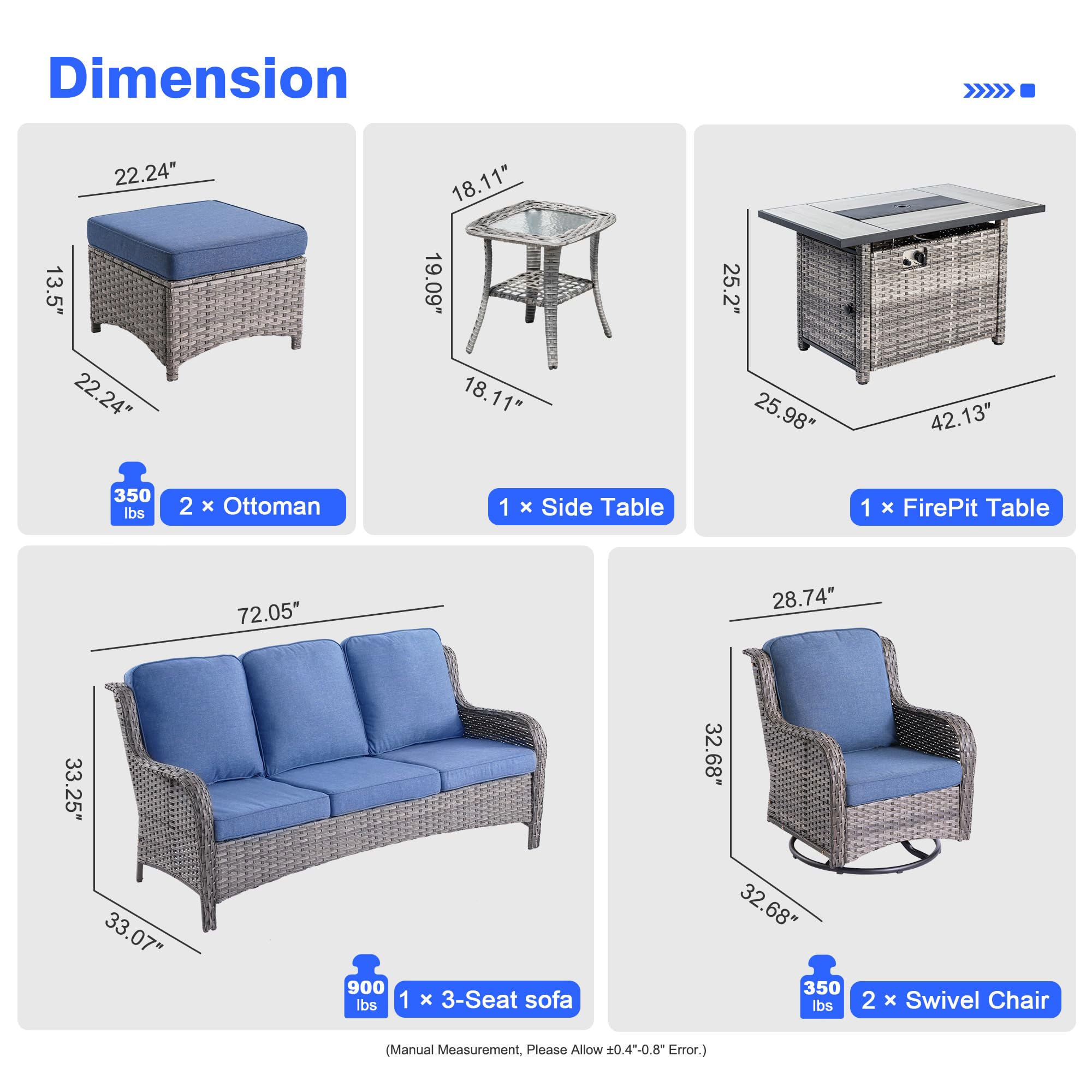 XIZZI Outdoor Swivel Rocking Chairs Patio Furniture Set with 50,000 BTU Rectangular Propane Fire Pit Table 7 Pieces High Back Conversation Sofa and Matching Side Table,Grey Rattan Denim Blue