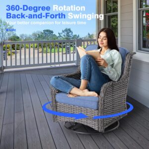 XIZZI Outdoor Swivel Rocking Chairs Patio Furniture Set with 50,000 BTU Rectangular Propane Fire Pit Table 7 Pieces High Back Conversation Sofa and Matching Side Table,Grey Rattan Denim Blue